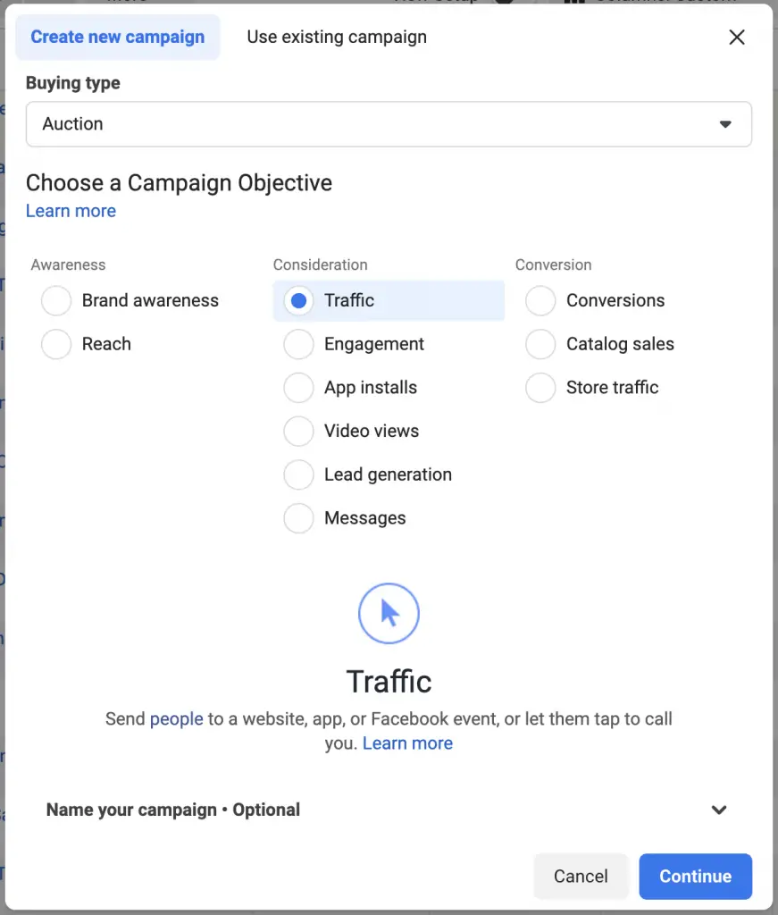 Facebook ads campaign creation window for traffic campaigns