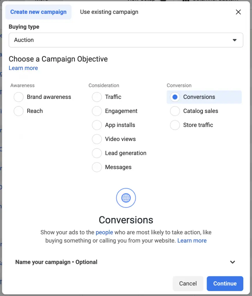 Older Facebook ads campaign creation window for conversion vs traffic campaigns
